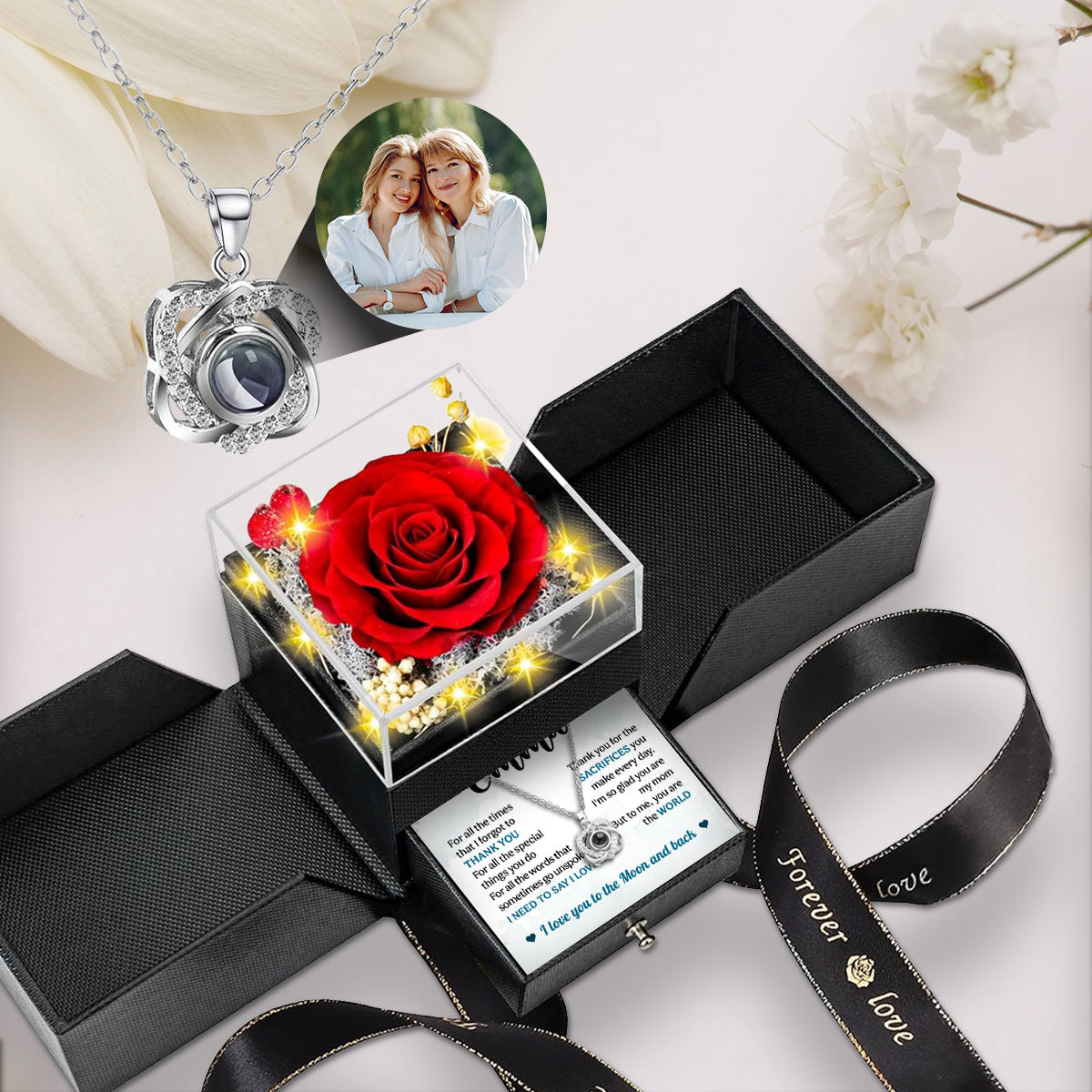 Love You To The Moon And Back - Personalized Custom Preserved Rose With Projection Necklace