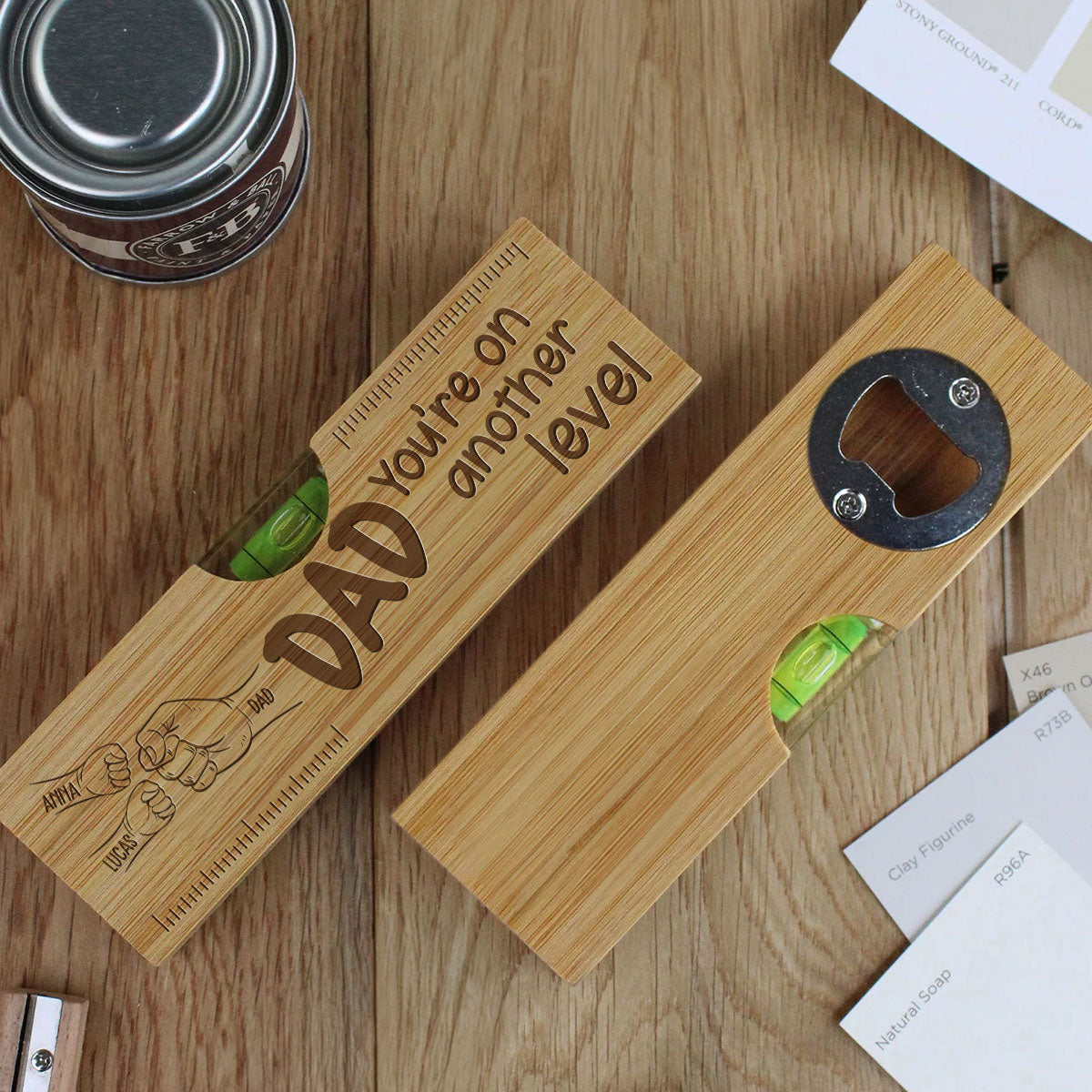 Papa Fist Bump - Personalized Custom Engraved Wooden Spirit Level Bottle Opener