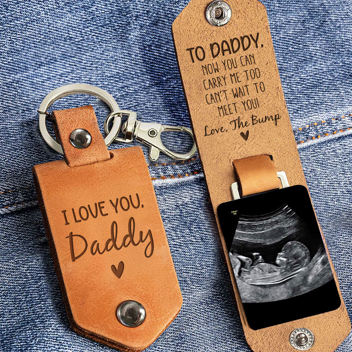 Daddy Cant Wait To Meet You From The Bump - Personalized Leather Photo Keychain