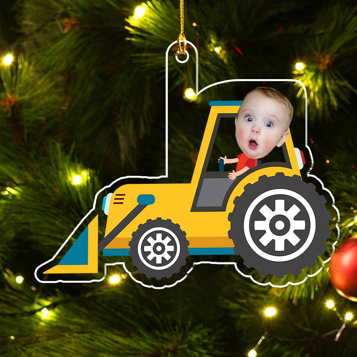 Christmas Boy Riding Construction Vehicle - Personalized Custom Acrylic Ornament