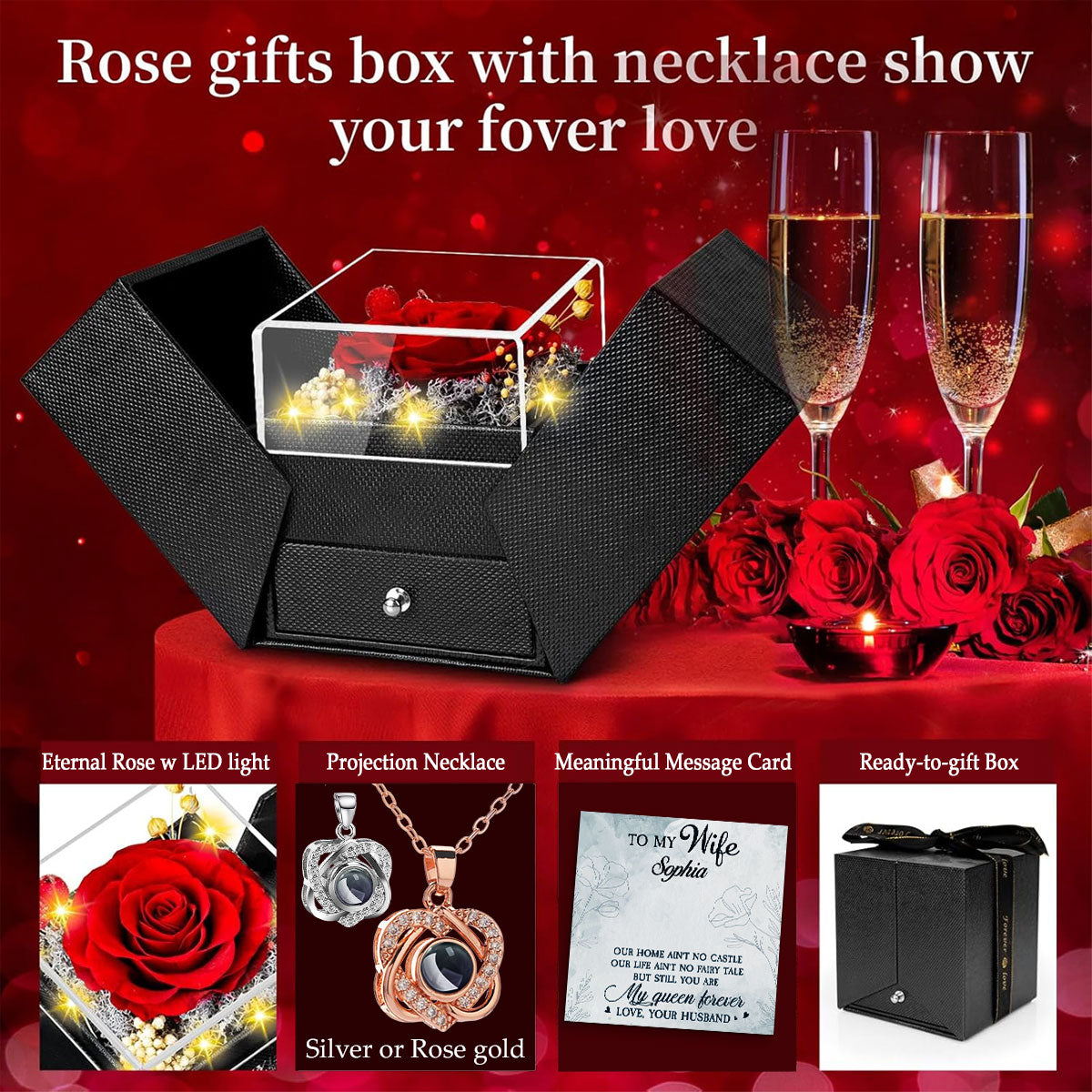 My Queen Forever - Personalized Custom Preserved Rose With Projection Necklace