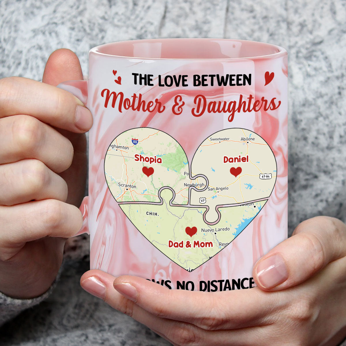 Mother And Daughter No Distance - Personalized Custom Pink Marble Mug