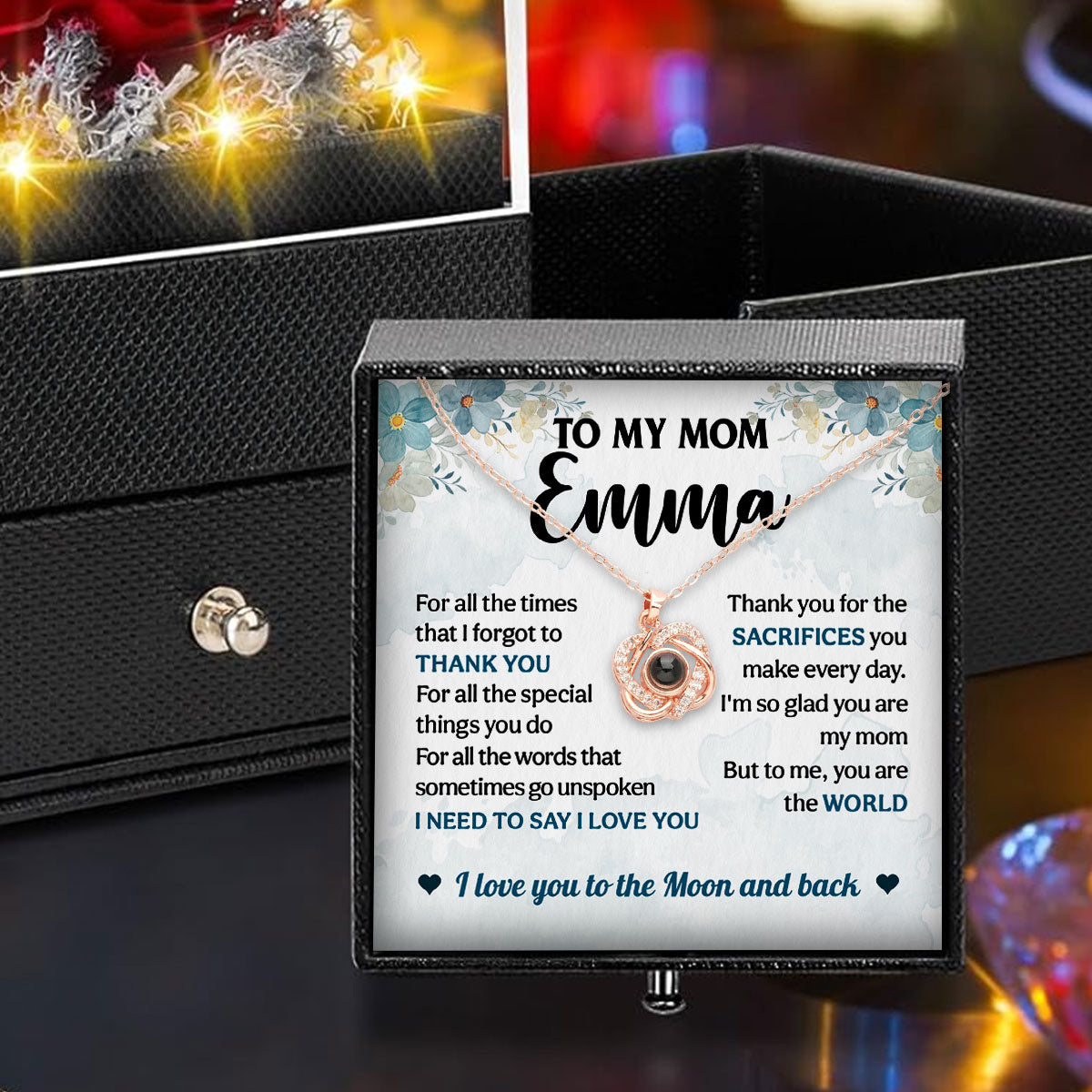 Love You To The Moon And Back - Personalized Custom Preserved Rose With Projection Necklace