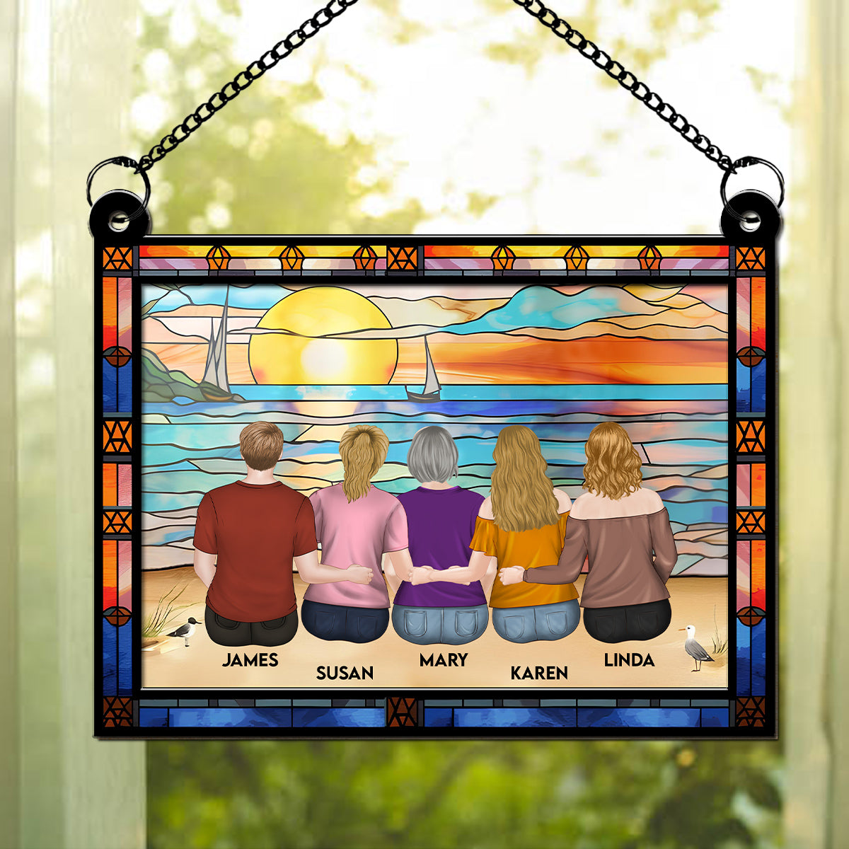 Mom And Children Sitting On The Beach - Personalized Custom Suncatcher