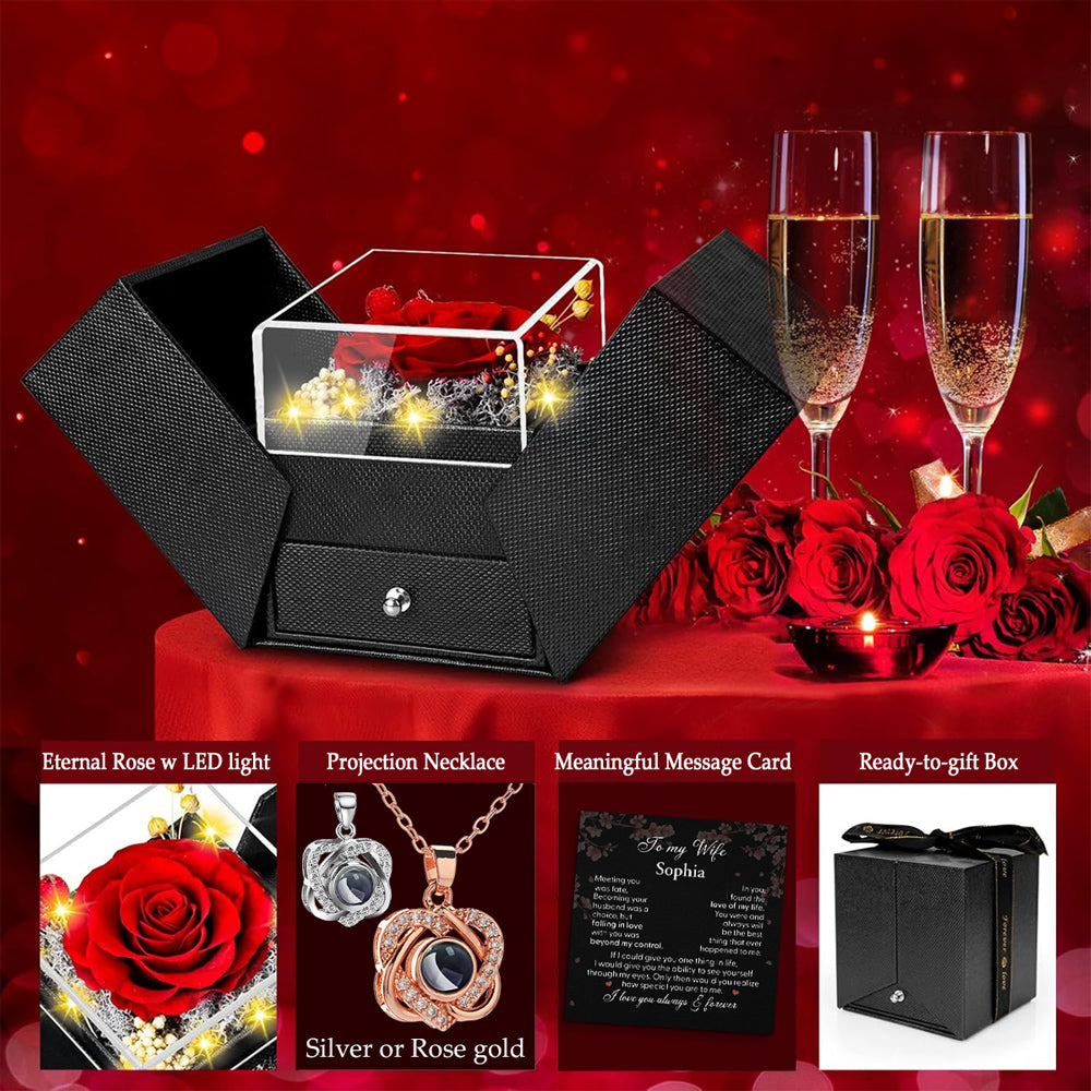 I Love You Always - Personalized Custom Preserved Rose With Projection Necklace