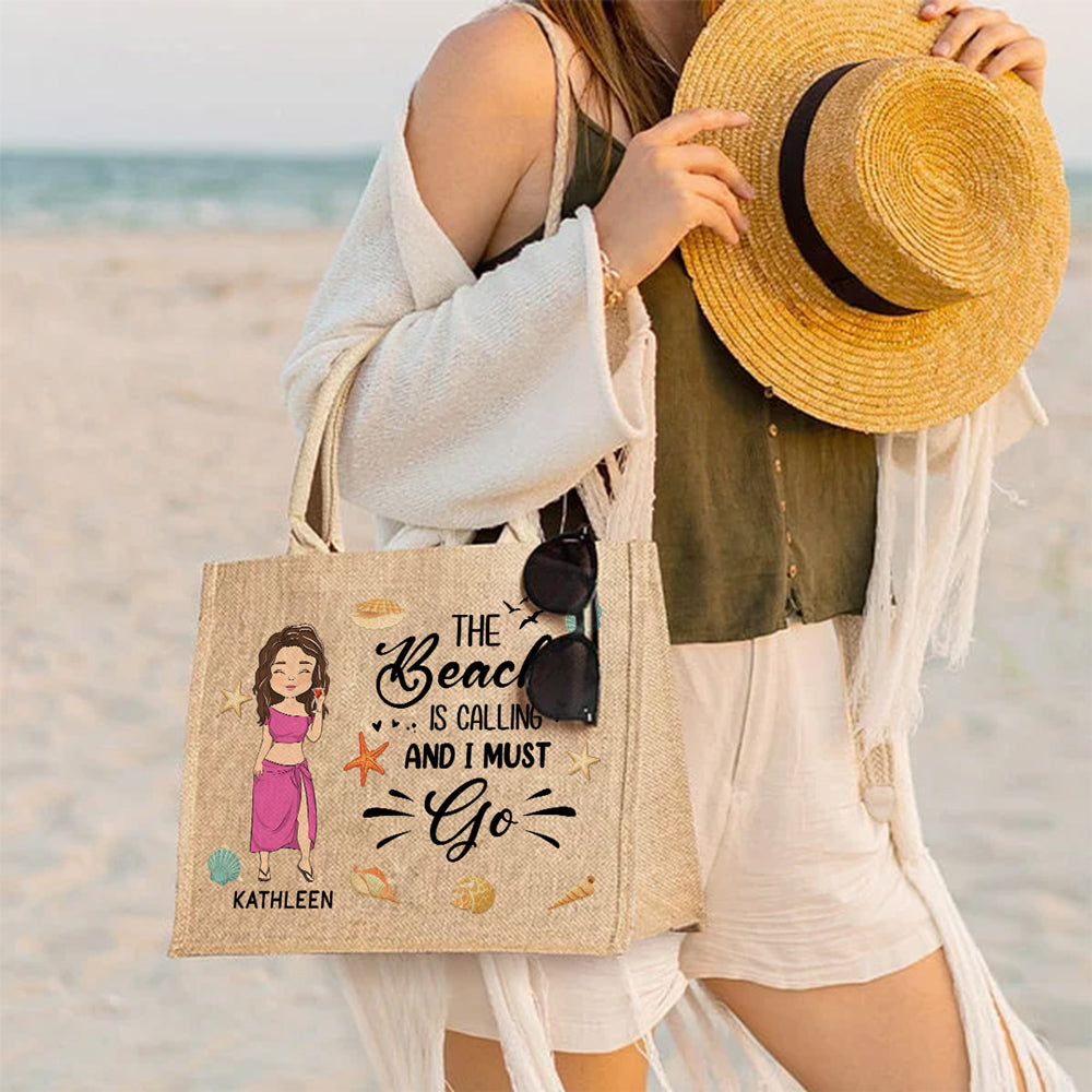 The Beach Is Calling And I Must Go - Personalized Custom Jute Tote Bag