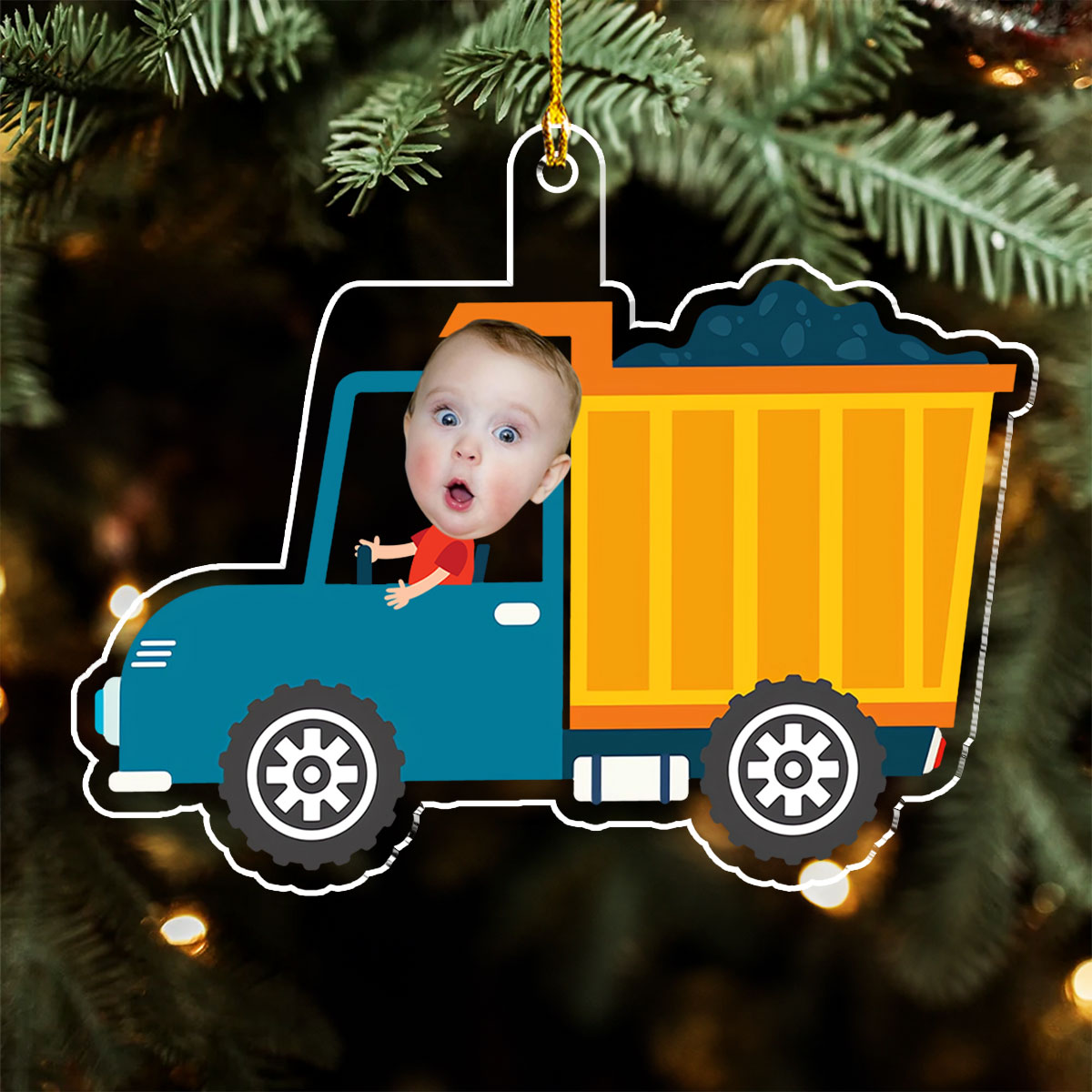 Christmas Boy Riding Construction Vehicle - Personalized Custom Acrylic Ornament