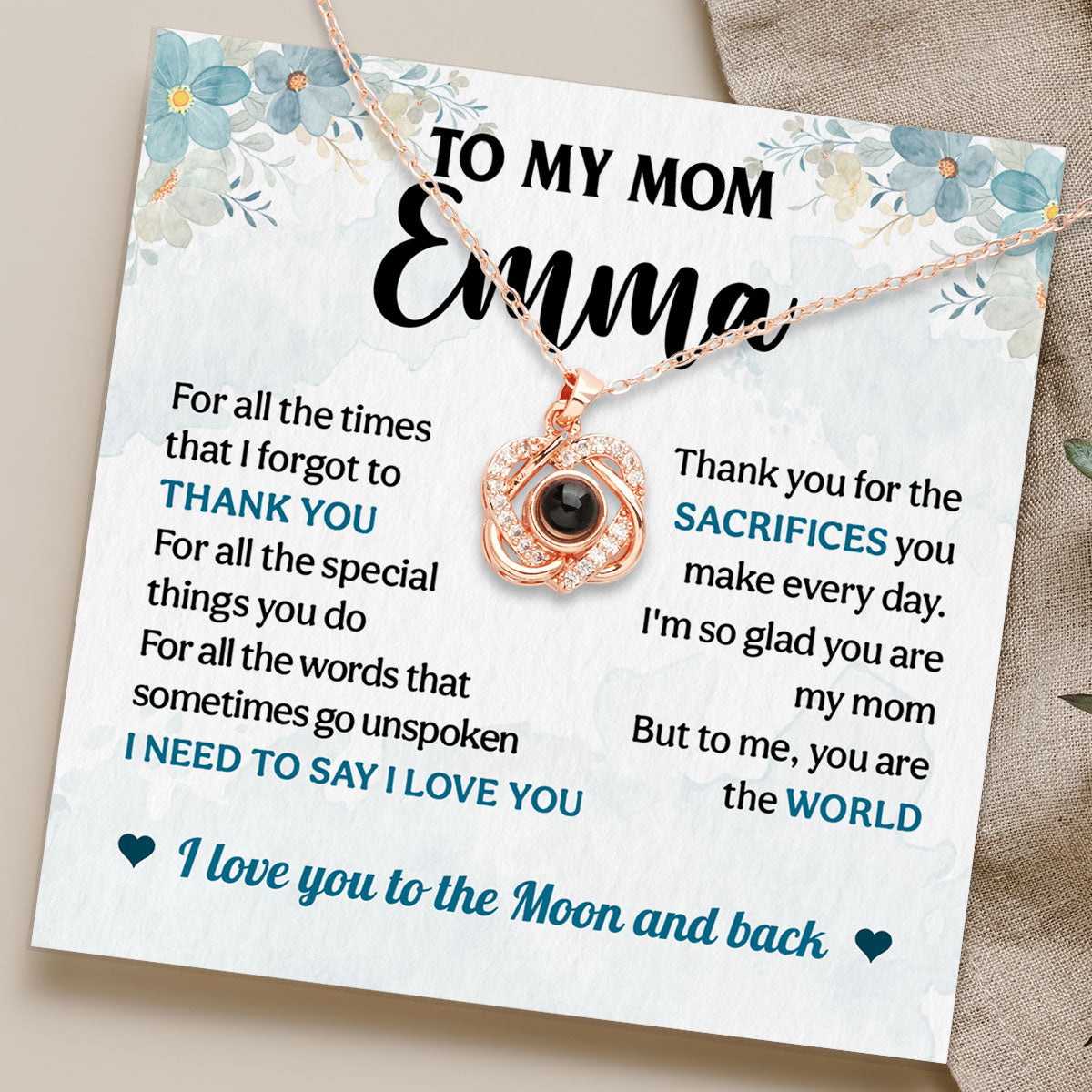 Love You To The Moon And Back - Personalized Custom Preserved Rose With Projection Necklace