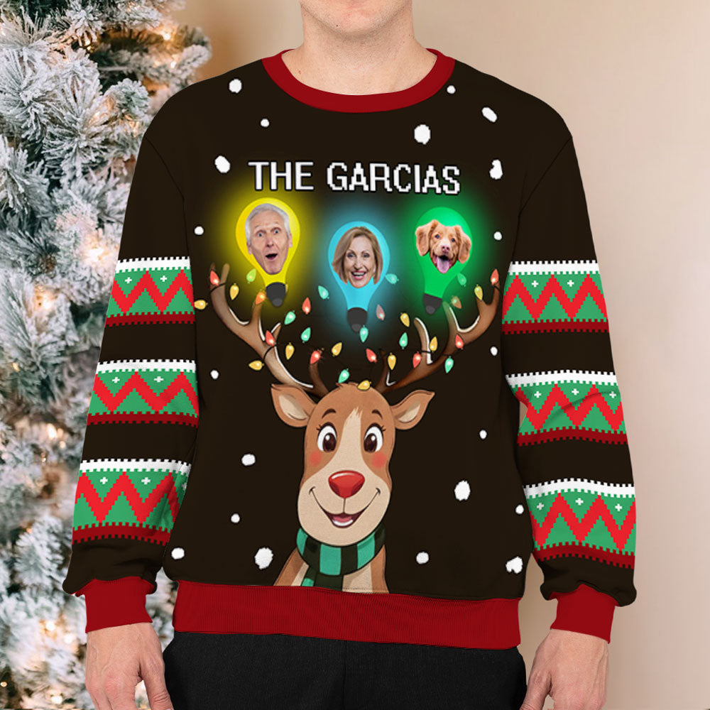 Family Custom Faces Light Reindeer Christmas - Personalized Custom All-Over-Print Sweatshirt