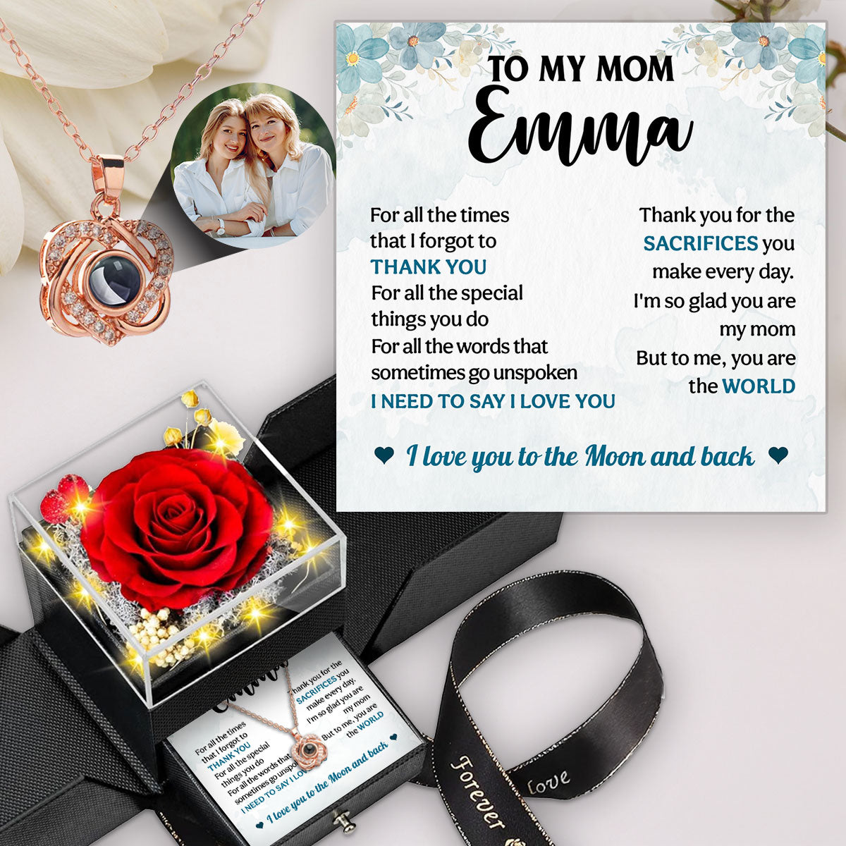 Love You To The Moon And Back - Personalized Custom Preserved Rose With Projection Necklace