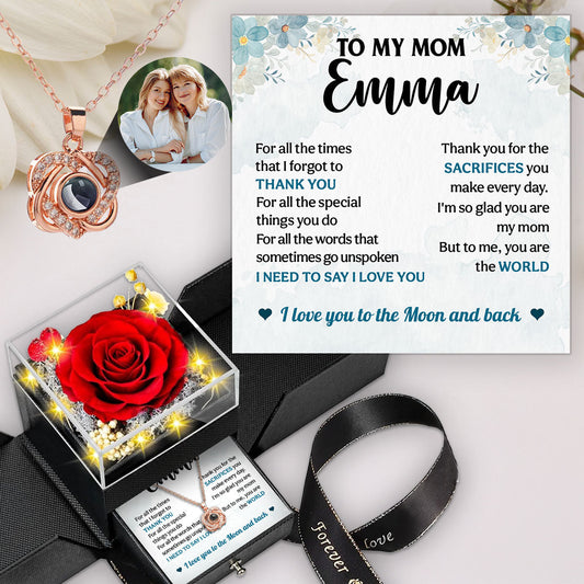 Love You To The Moon And Back - Personalized Custom Preserved Rose With Projection Necklace