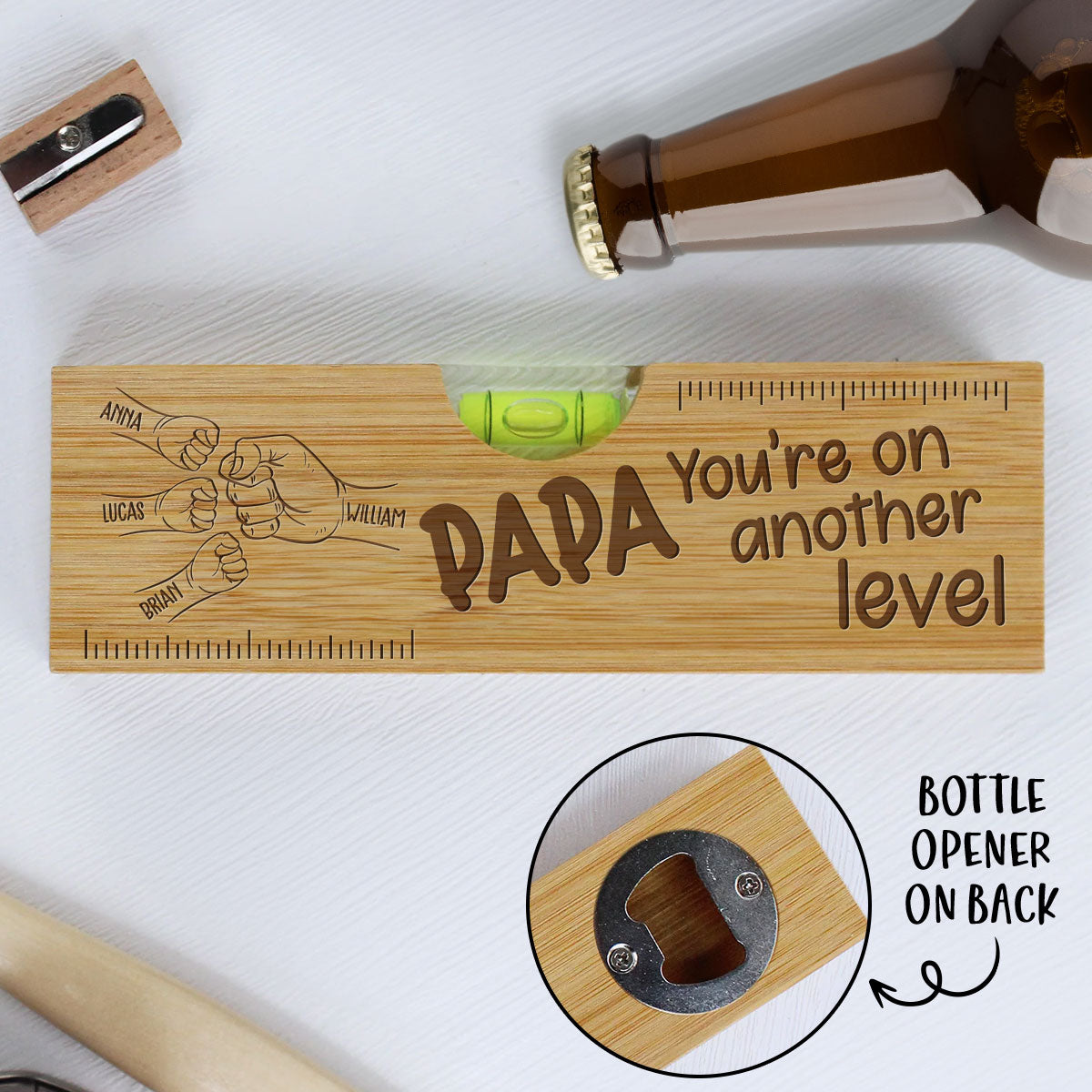 Papa Fist Bump - Personalized Custom Engraved Wooden Spirit Level Bottle Opener