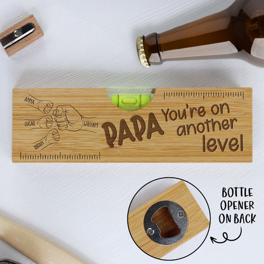 Papa Fist Bump - Personalized Custom Engraved Wooden Spirit Level Bottle Opener