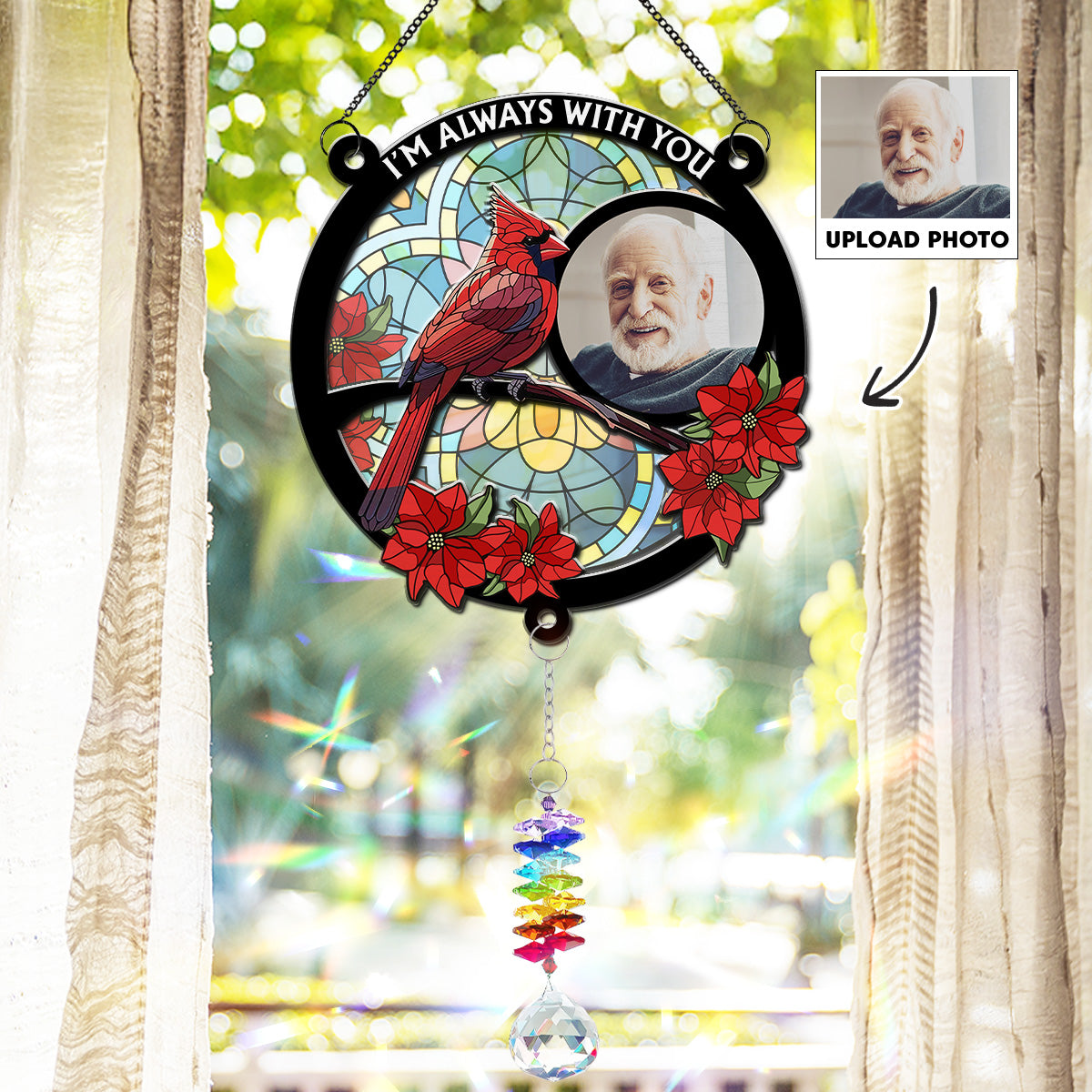 Always With You Memorial Heart - Personalized Custom Suncatcher With Crystal Rainbow Charm