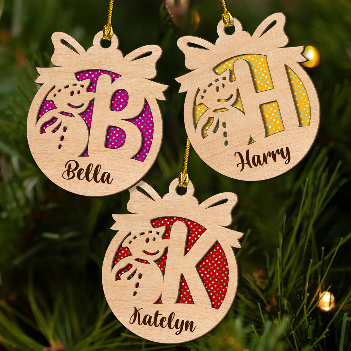 Snowman And Name Letter - Personalized Custom 2-layered Wood Ornament