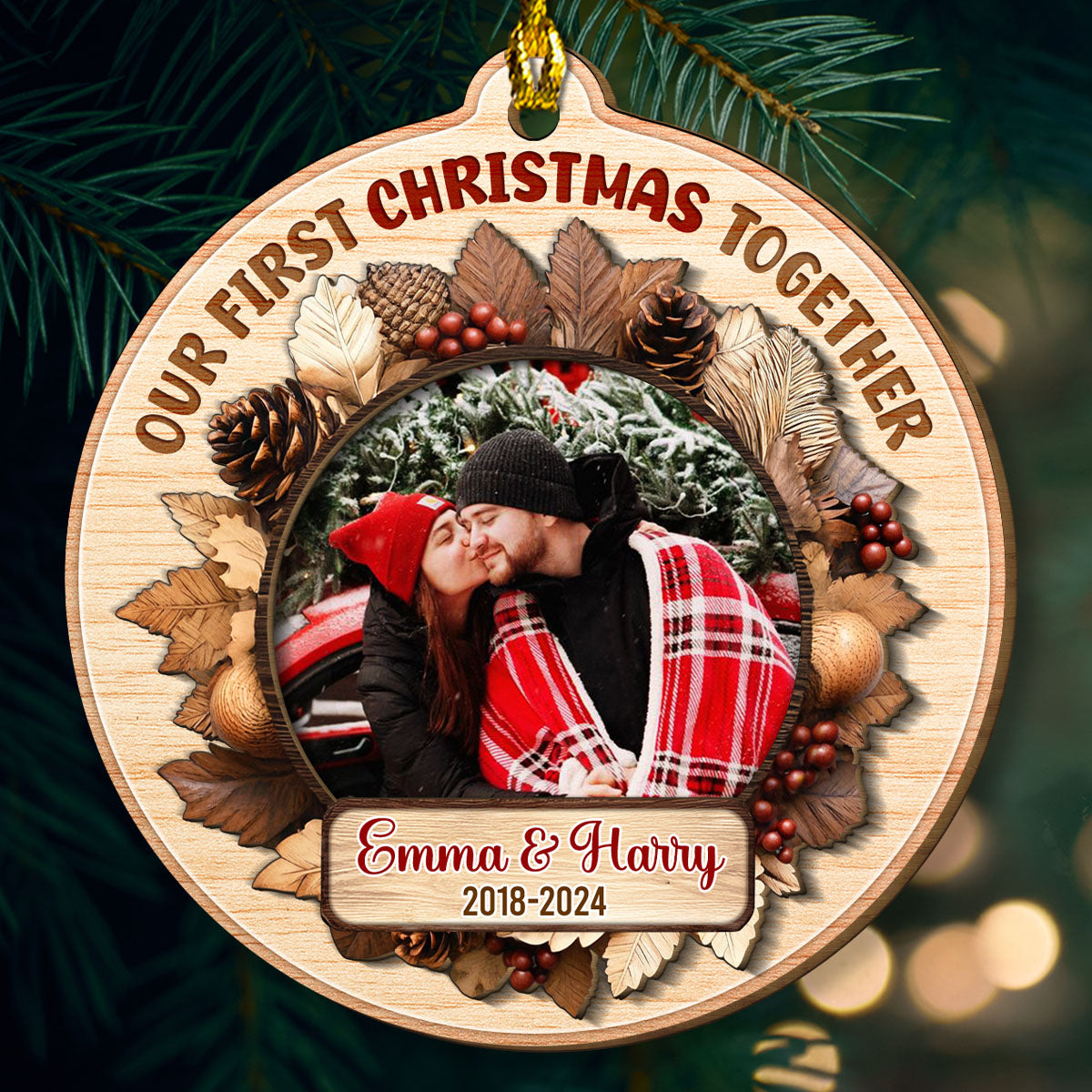 Snowy Love First Christmas - Personalized Custom Freeshape 2-Layered Wood Ornament