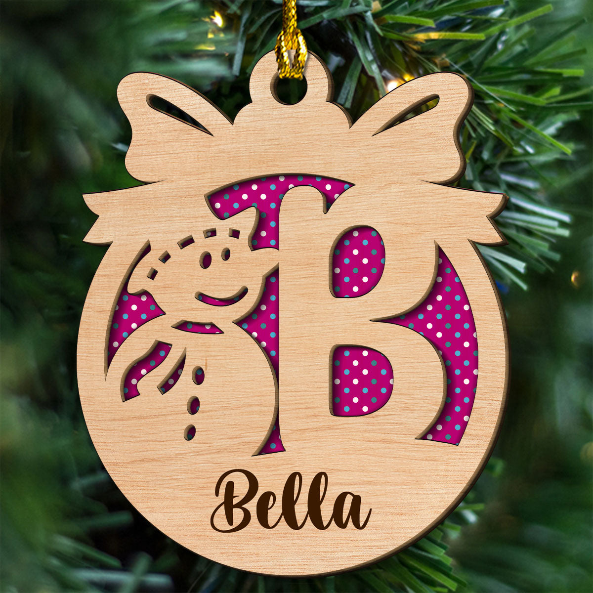 Snowman And Name Letter - Personalized Custom 2-layered Wood Ornament