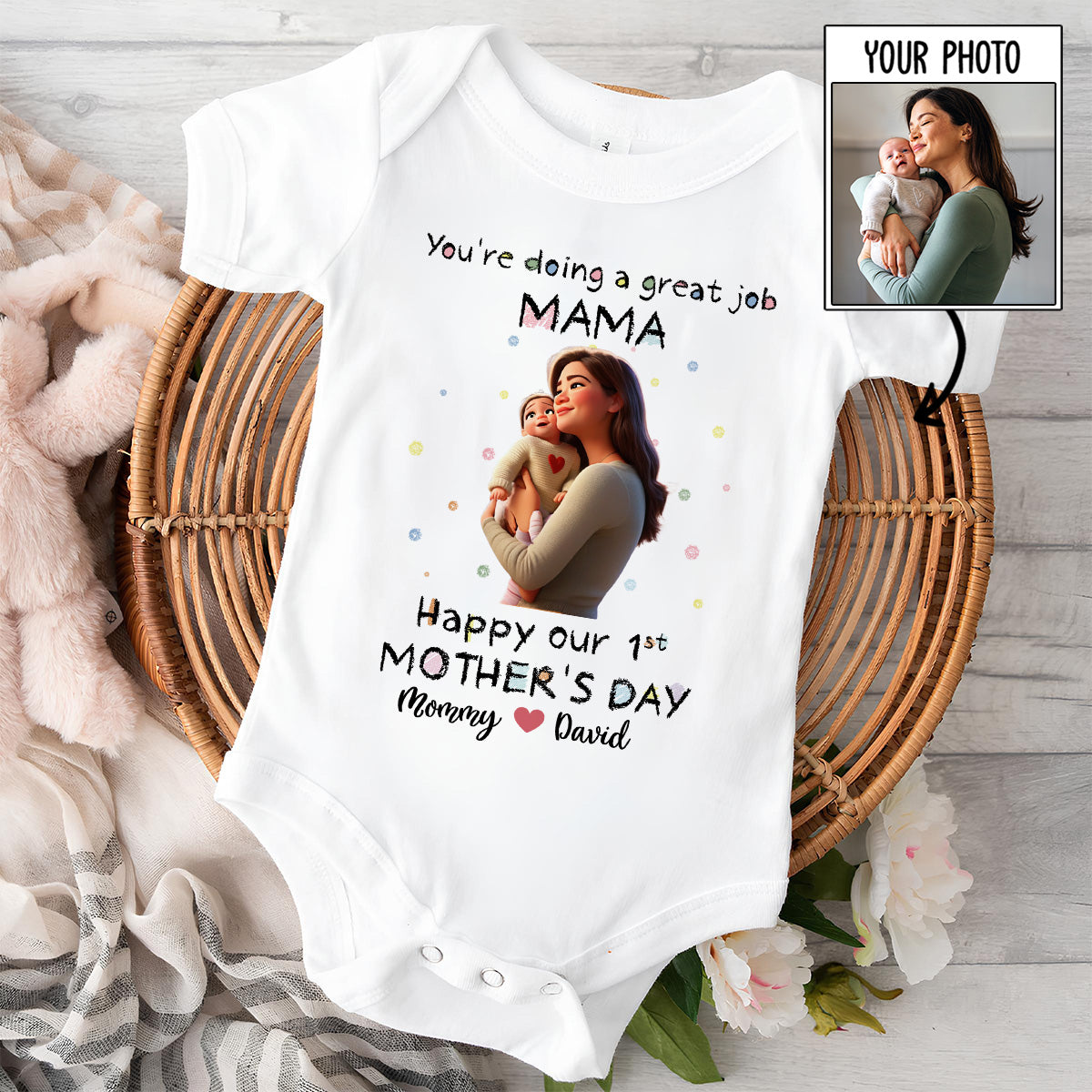 Mommy Doing A Great Job Custom Photo Cartoon - Personalized Custom Baby Onesie