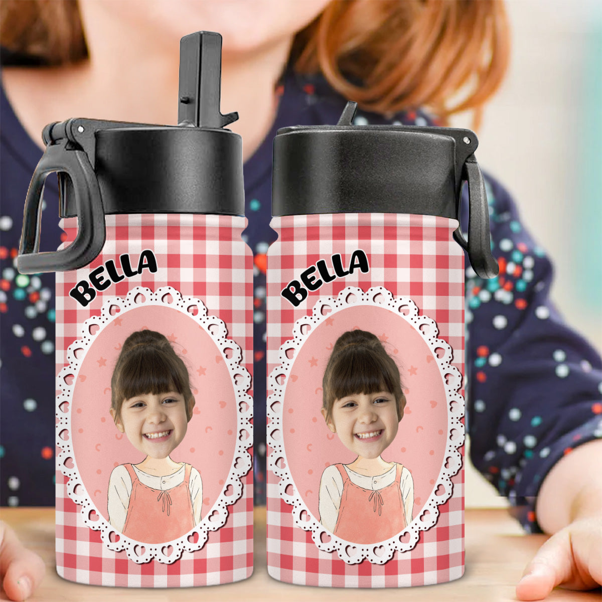 Cute Kid In Red - Personalized Custom 3D Inflated Effect Kids Water Bottle