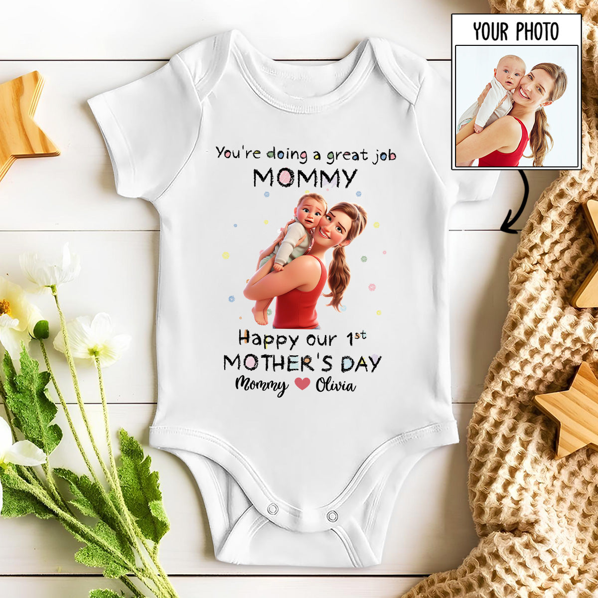 Mommy Doing A Great Job Custom Photo Cartoon - Personalized Custom Baby Onesie
