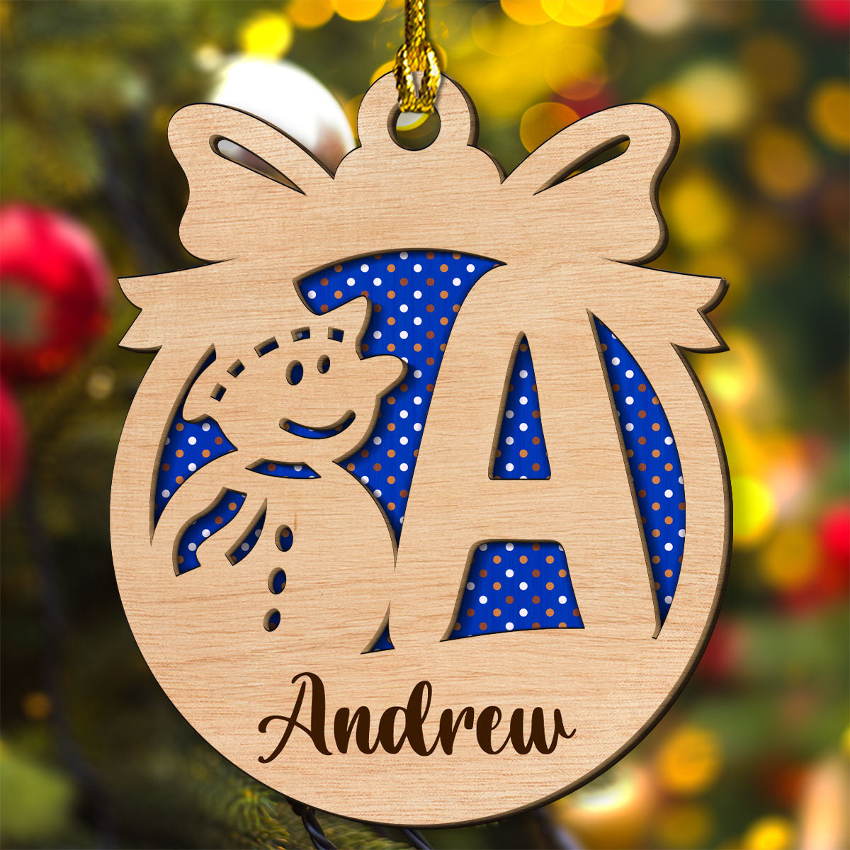 Snowman And Name Letter - Personalized Custom 2-layered Wood Ornament