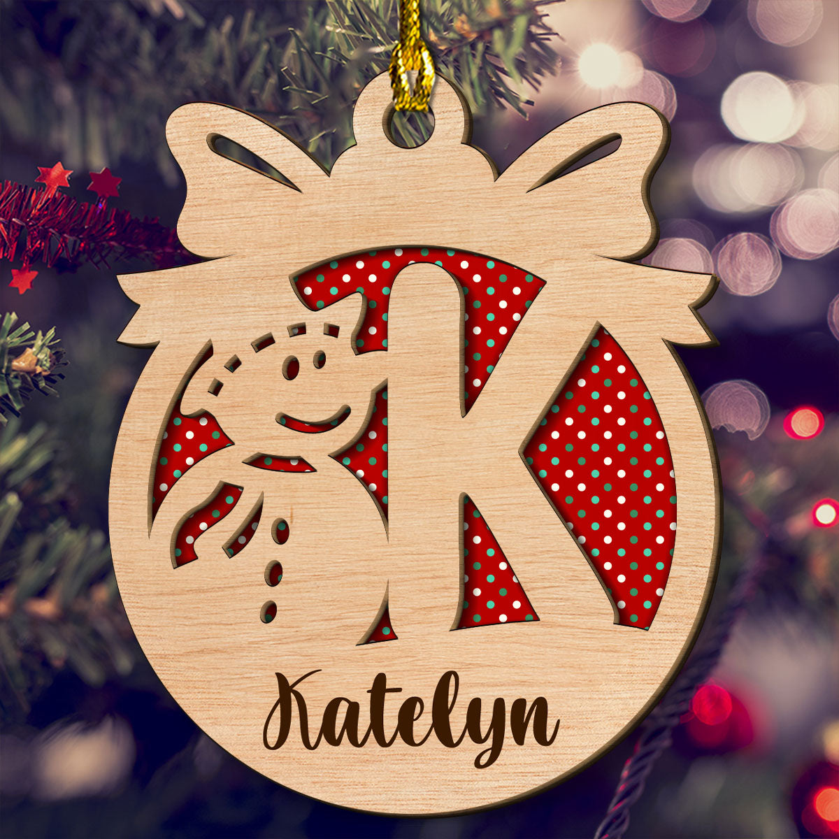 Snowman And Name Letter - Personalized Custom 2-layered Wood Ornament