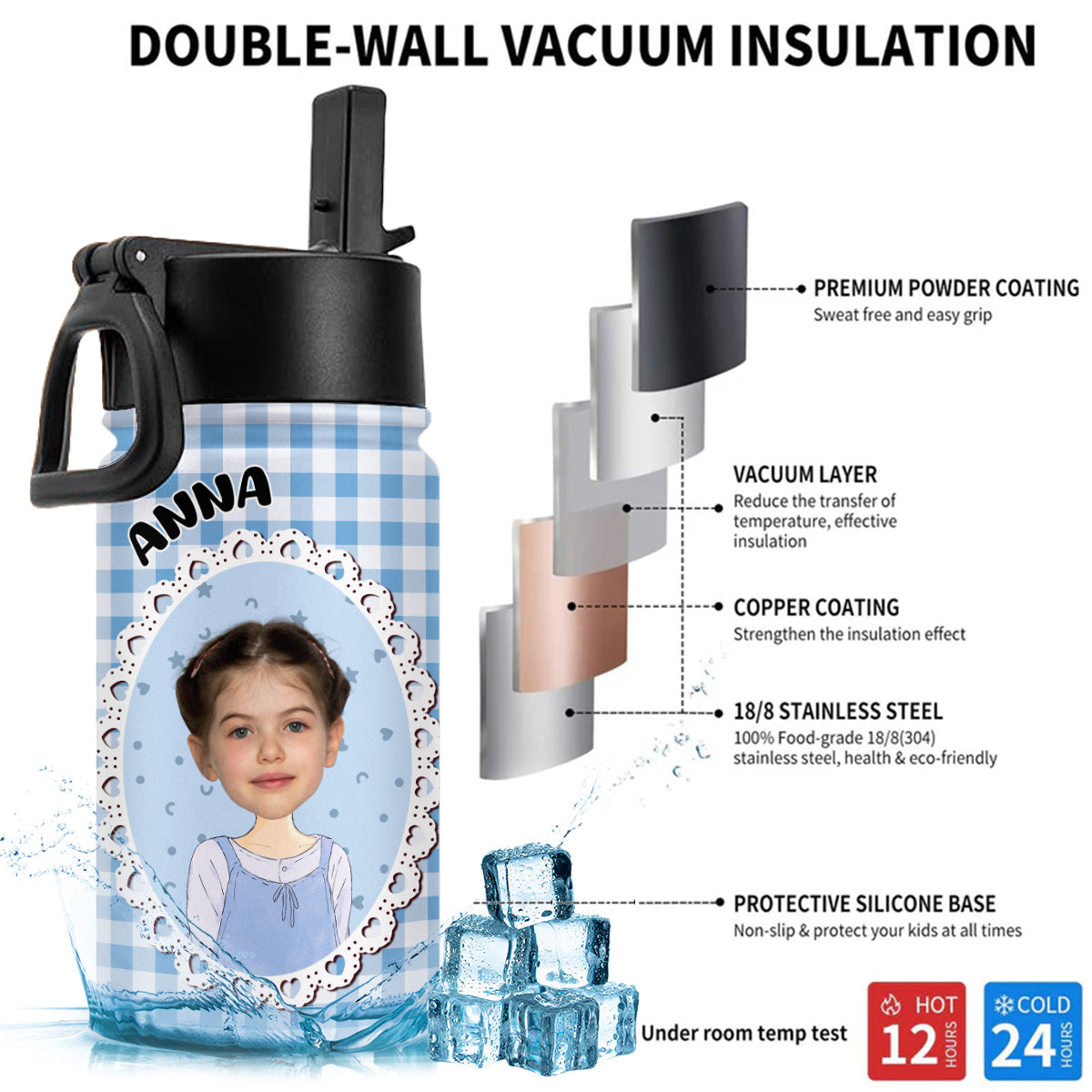 Cute Kid In Red - Personalized Custom 3D Inflated Effect Kids Water Bottle