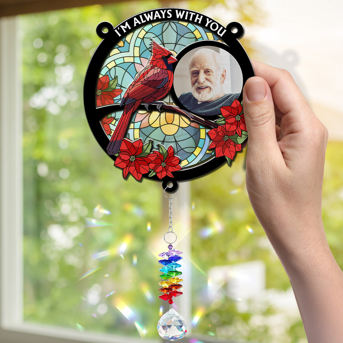 Always With You Memorial Heart - Personalized Custom Suncatcher With Crystal Rainbow Charm