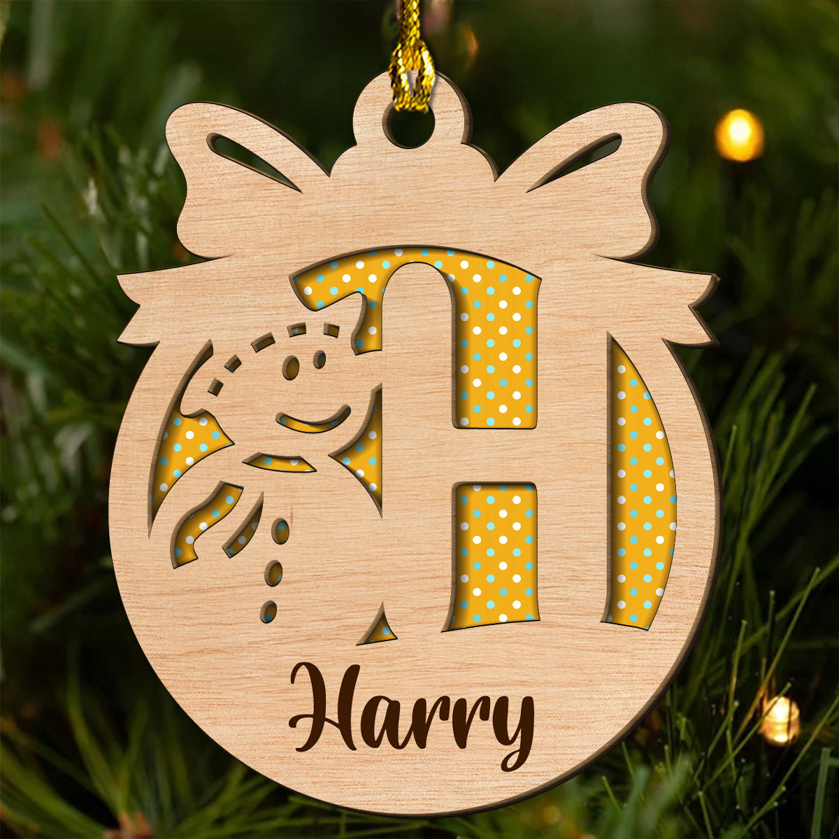 Snowman And Name Letter - Personalized Custom 2-layered Wood Ornament
