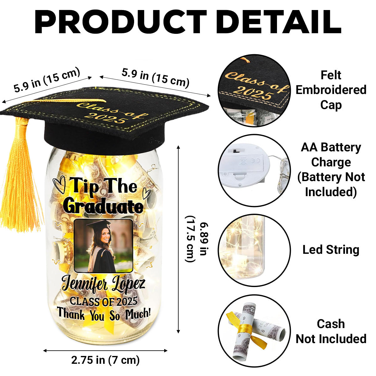 Tip The Graduate Thank You - Personalized Custom Graduation Mason Jar Light