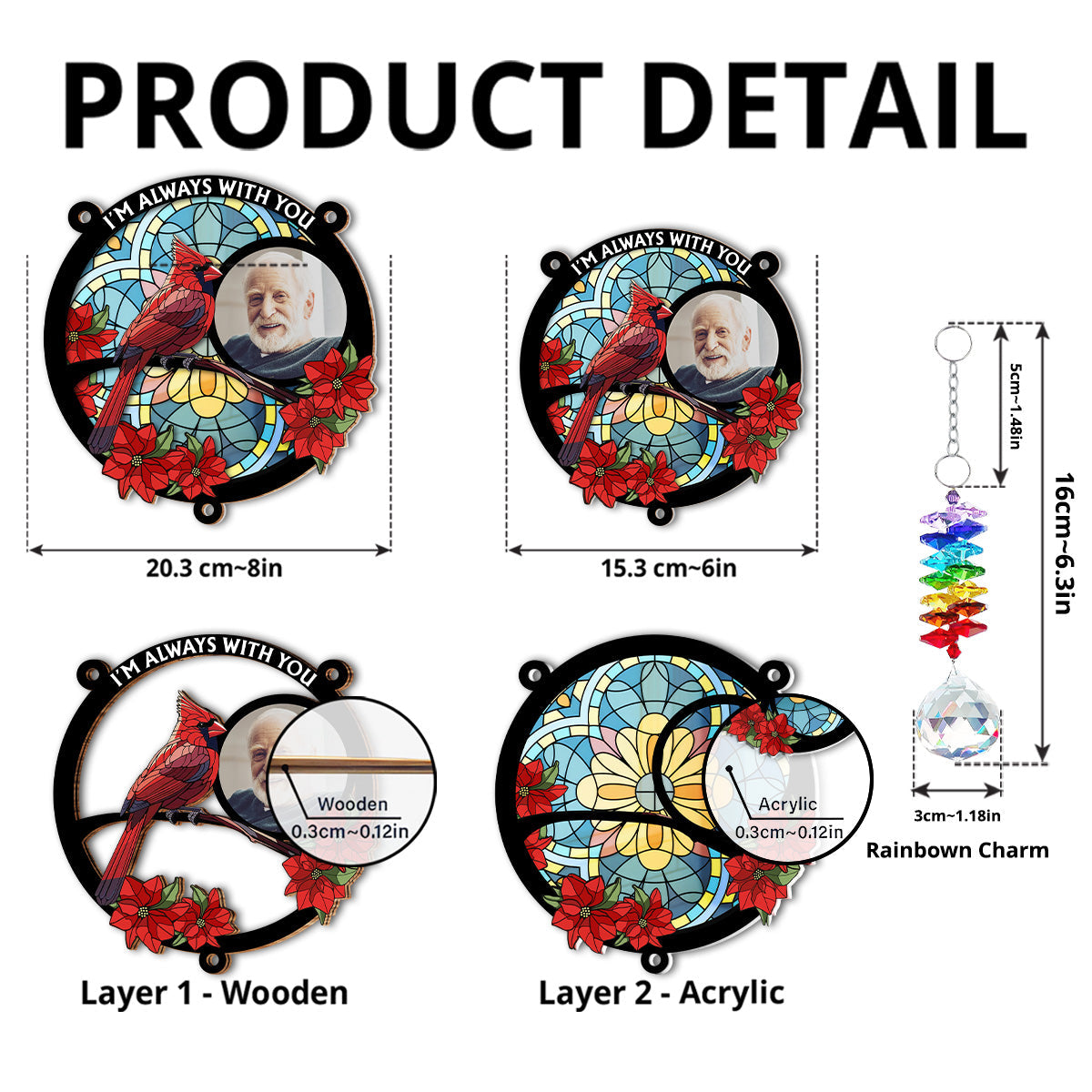 Always With You Memorial Heart - Personalized Custom Suncatcher With Crystal Rainbow Charm