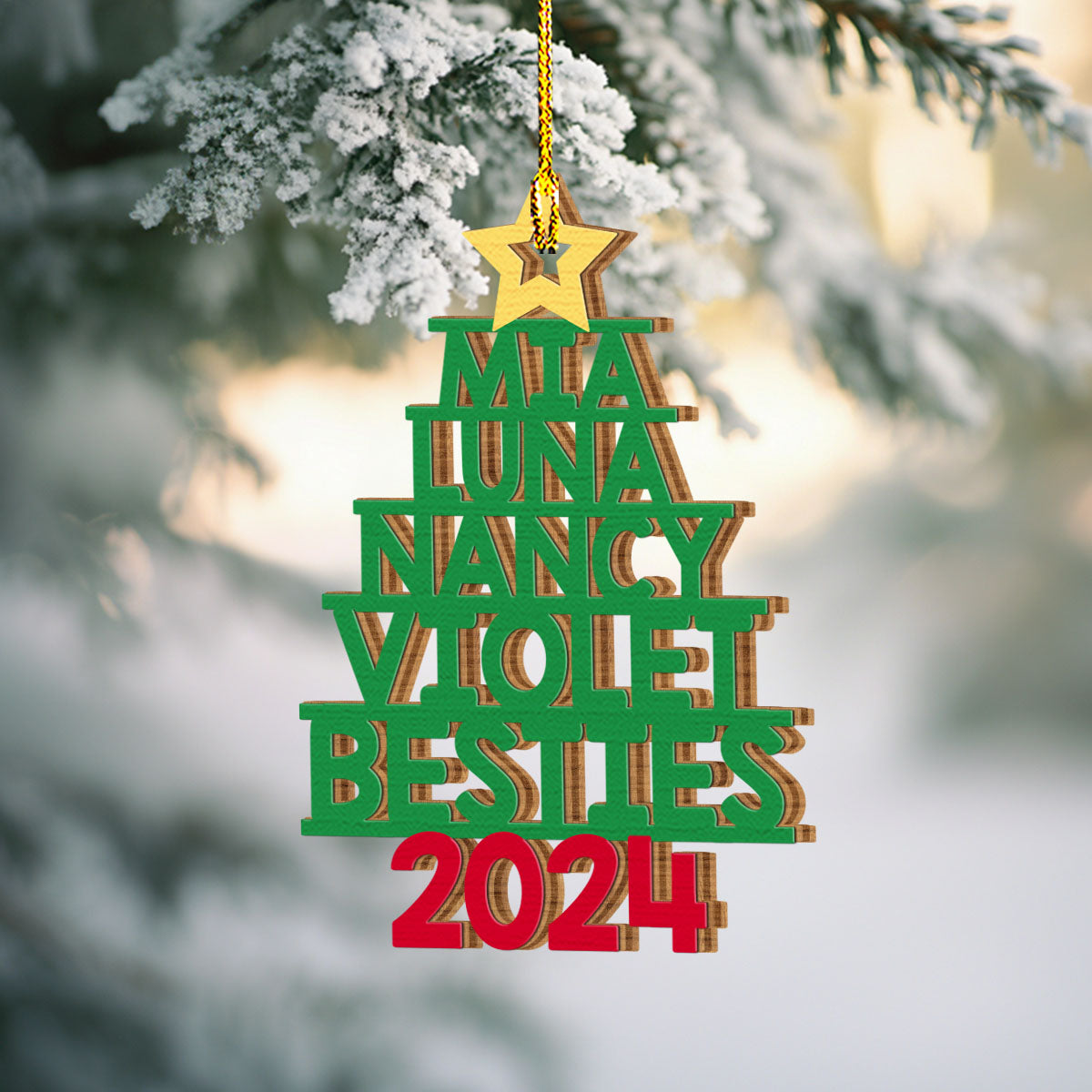 Family Names Christmas Tree - Personalized Custom 1-layered Wood Ornament
