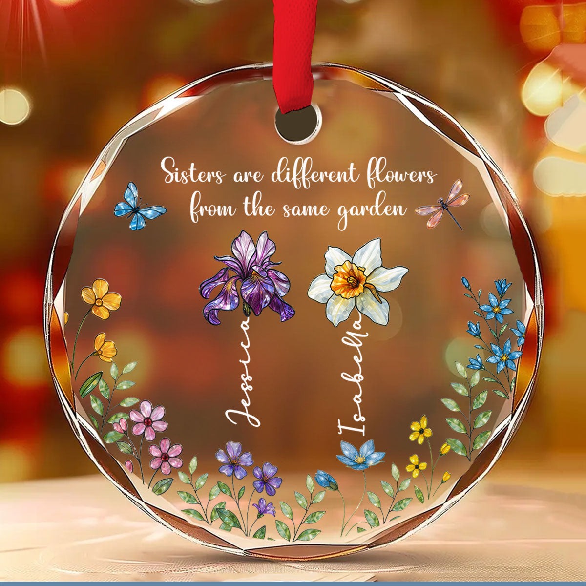 Flowers And Sisters Always Shine - Personalized Custom Glass Ornament