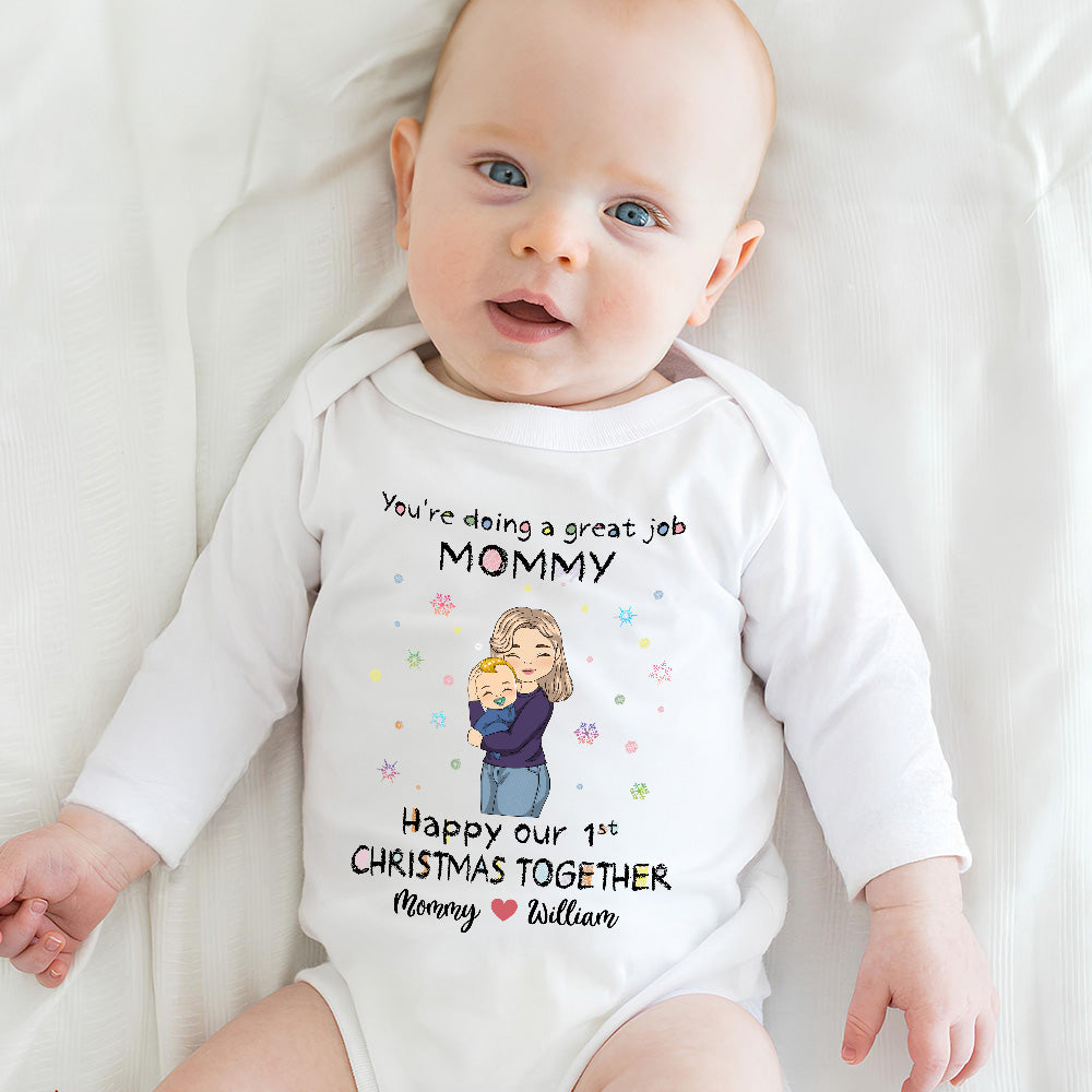 Mommy Doing A Great Job Merry Christmas - Personalized Custom Long Sleeve Baby Onesie