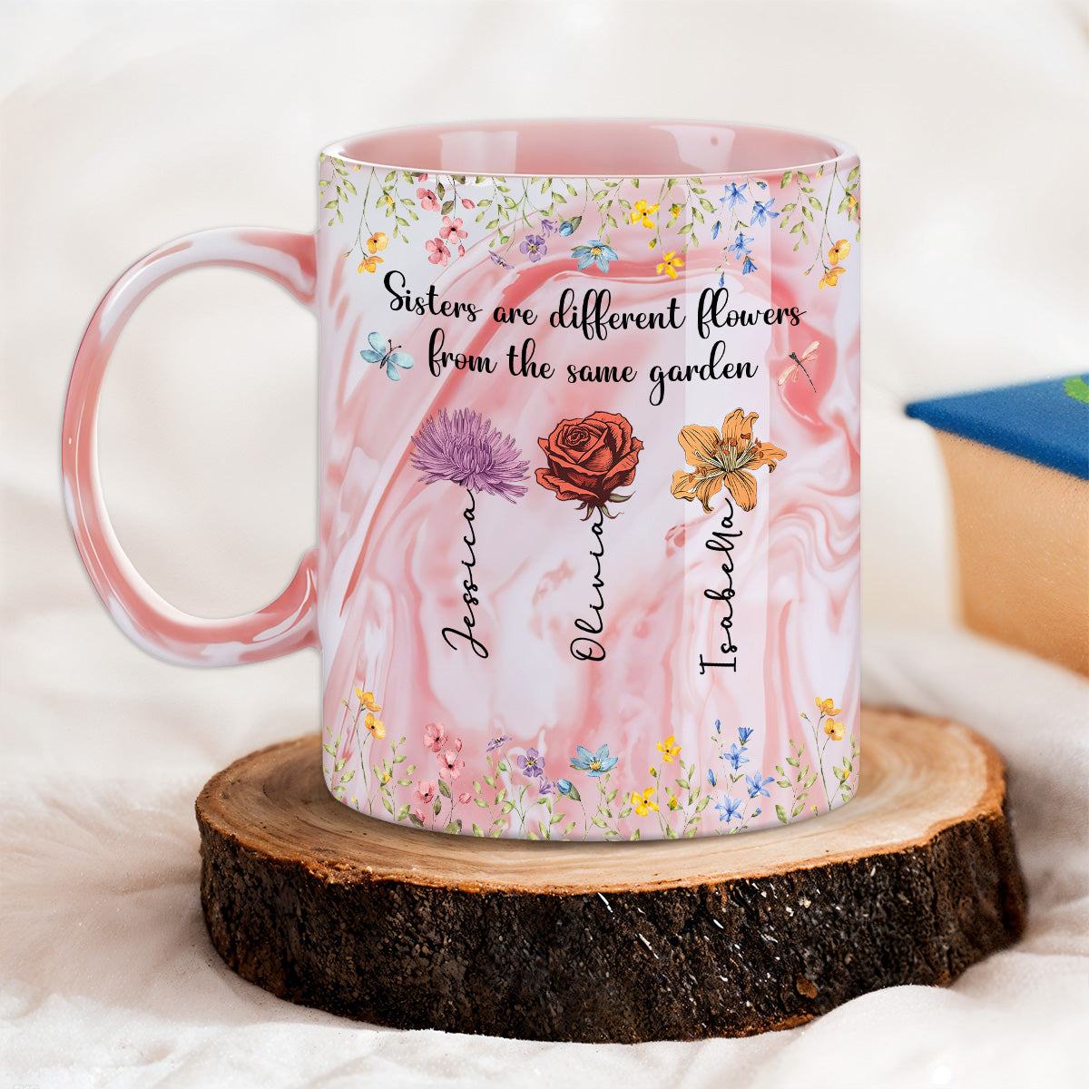 Sisters Are Different Flowers - Personalized Custom Pink Marble Mug