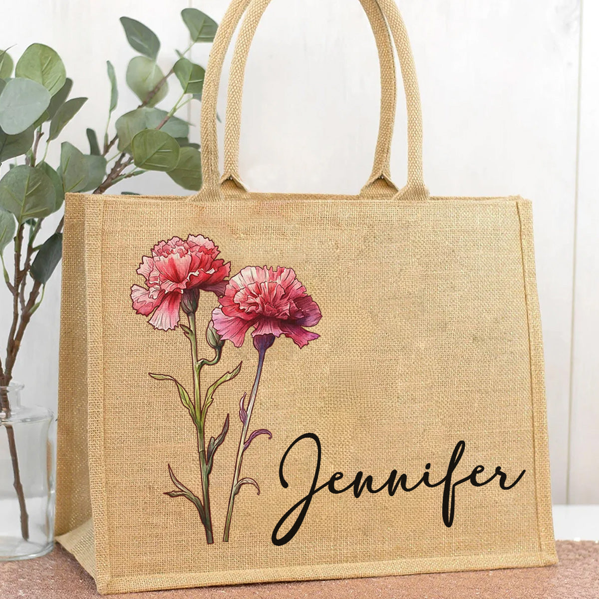Birth Flower Beach - Personalized Custom Jute Tote Bag