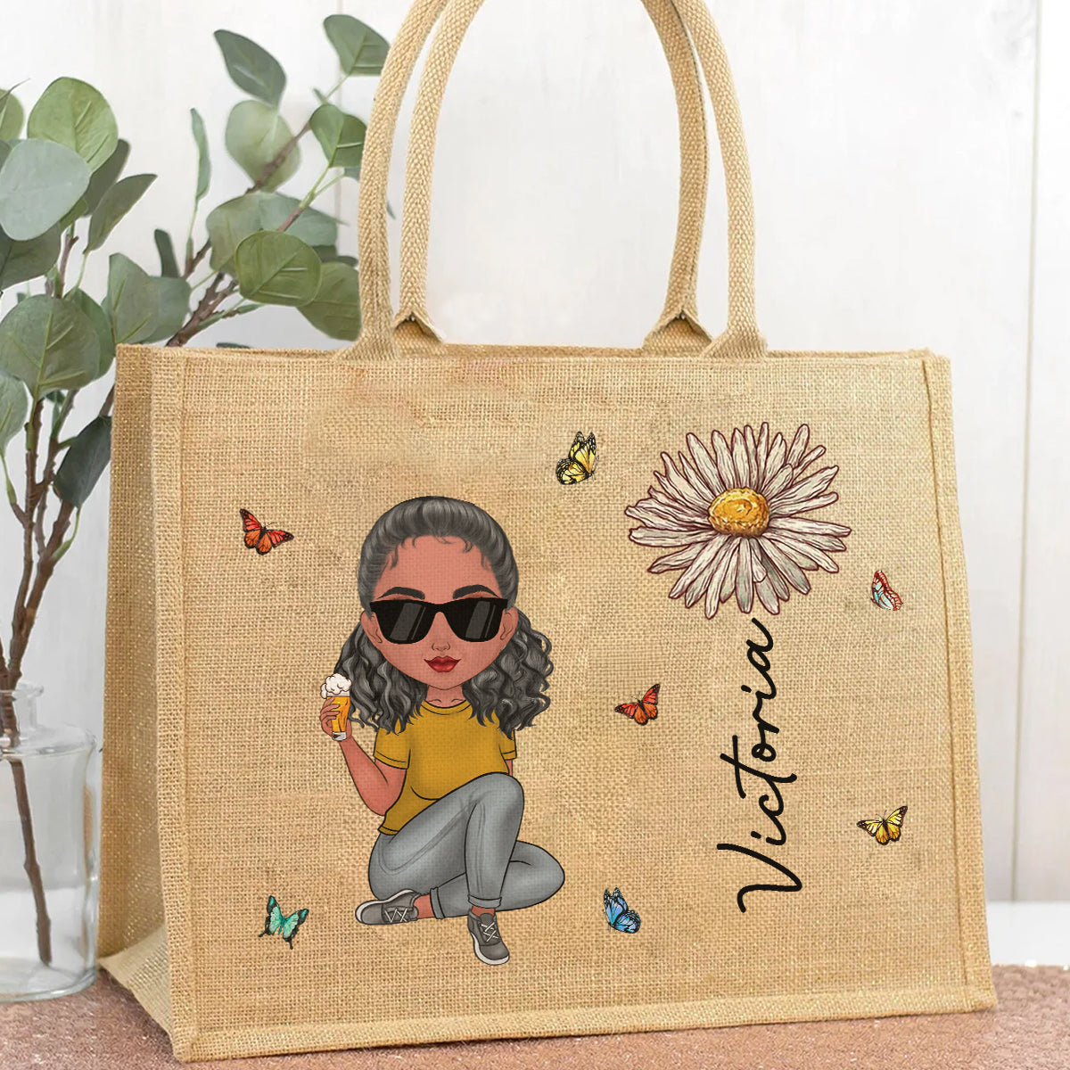 Cartoon Bloom Girl Charm Version 2 - Personalized Custom Jute Tote Bag