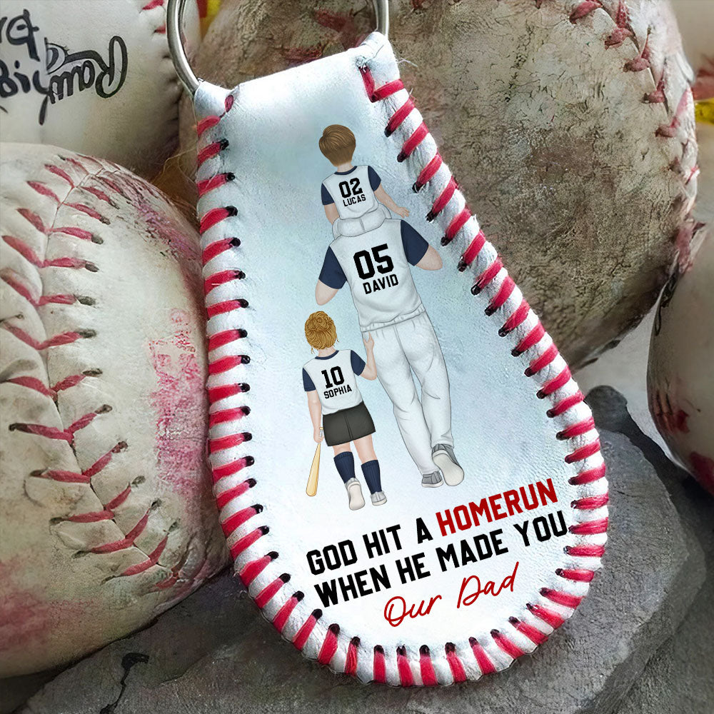 God Hit A Homerun When He Made You My Dad  - Personalized Custom Leather Baseball Keychain