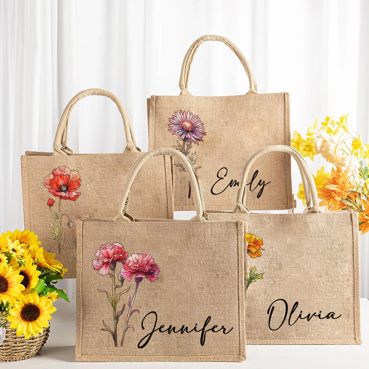 Birth Flower Beach - Personalized Custom Jute Tote Bag