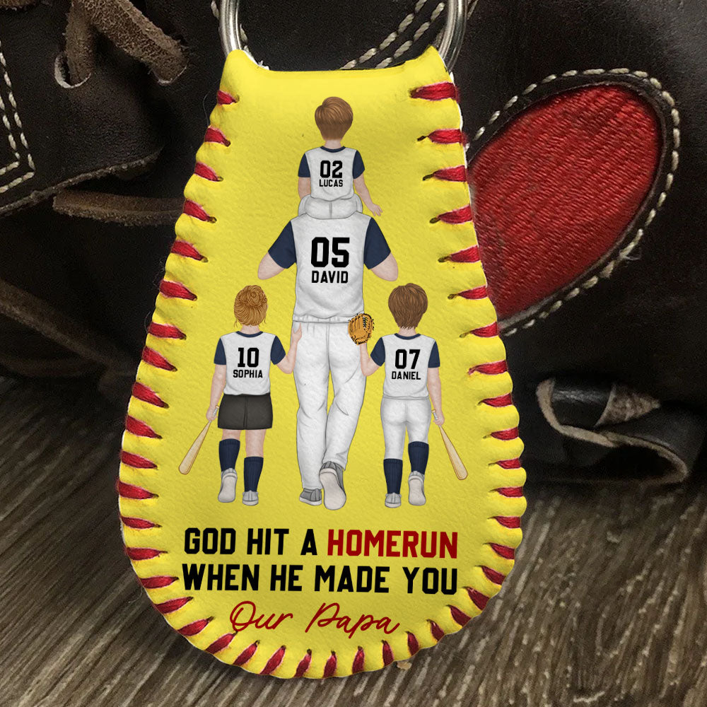 God Hit A Homerun When He Made You My Dad  - Personalized Custom Leather Baseball Keychain