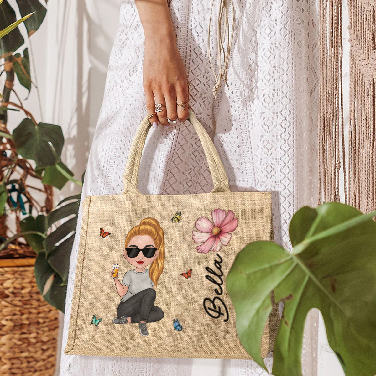 Cartoon Bloom Girl Charm Version 2 - Personalized Custom Jute Tote Bag