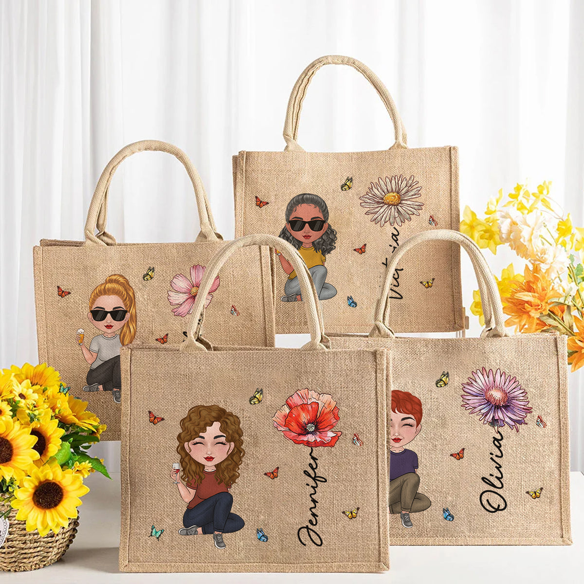 Cartoon Bloom Girl Charm 3 - Personalized Custom Jute Tote Bag