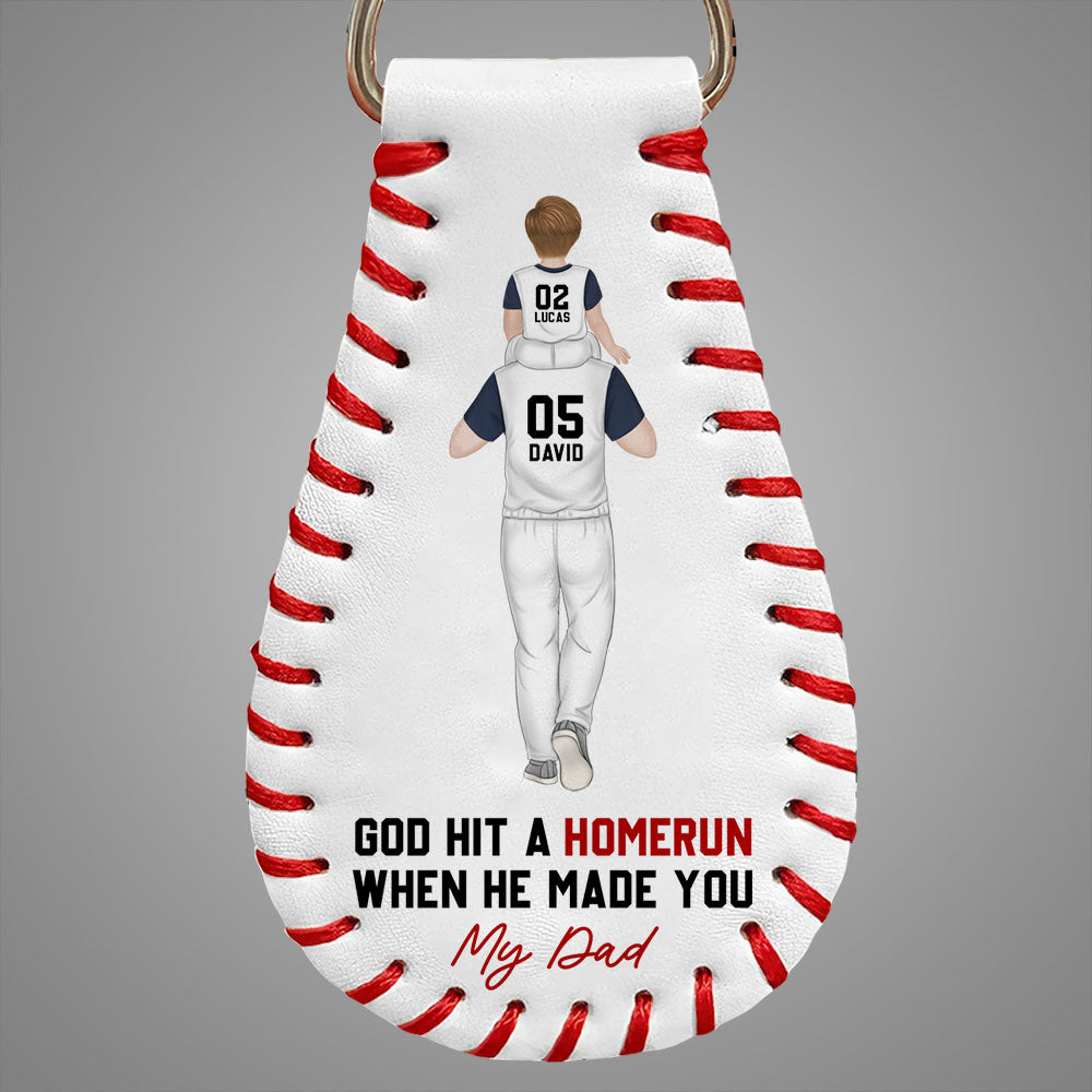 God Hit A Homerun When He Made You My Dad  - Personalized Custom Leather Baseball Keychain