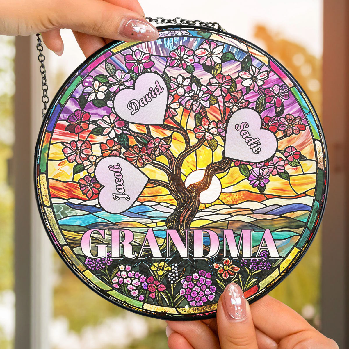 Love Grows Here - Personalized Custom Stained Glass Window Hanging Suncatcher