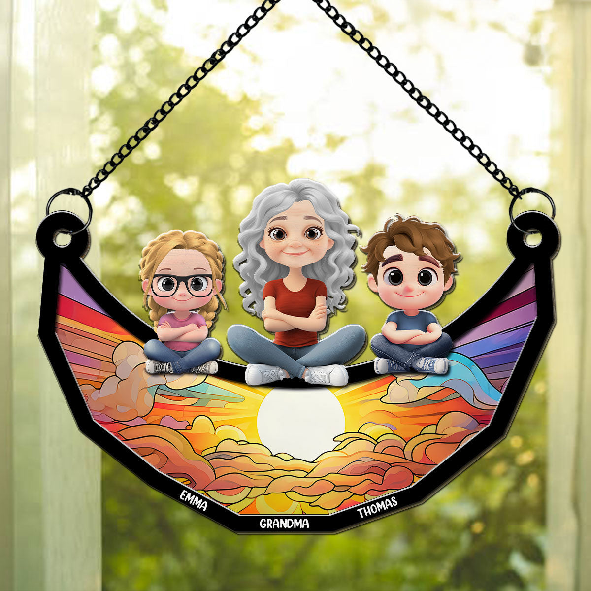 Children Grandma Mom Sitting On The Moon - Personalized Custom Suncatcher