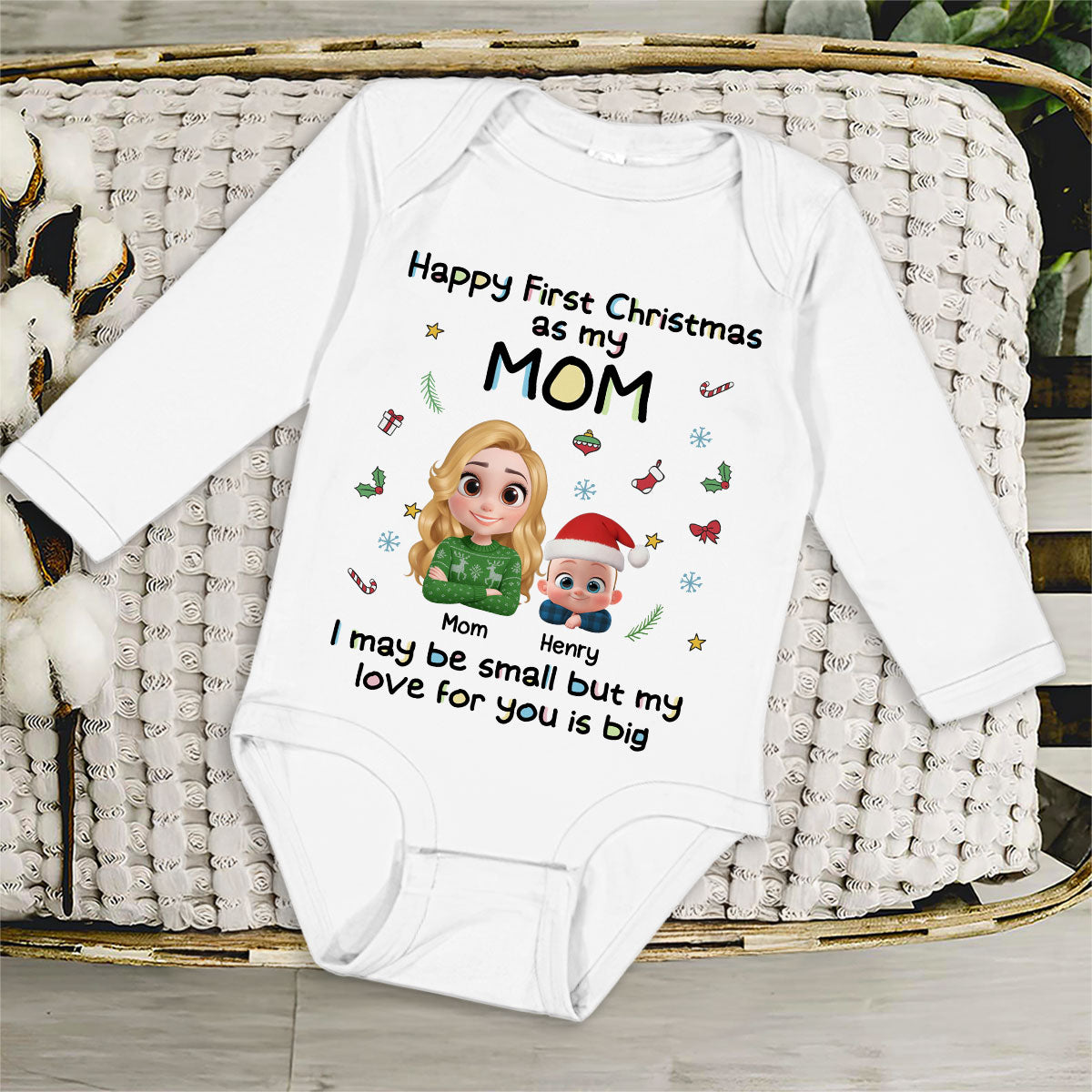 First Christmas With Mom -  Personalized Custom Long Sleeve Baby Onesie