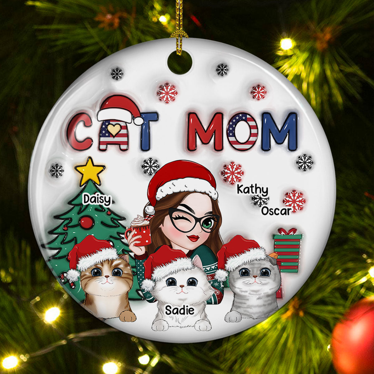American Cat Mom Christmas - Personalized Custom 3D Inflated Effect Ceramic Ornament