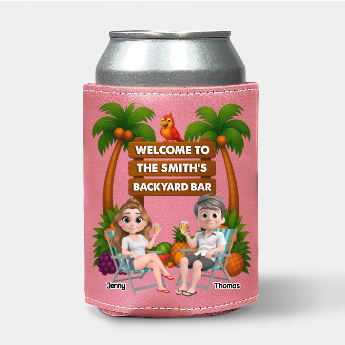 Welcome To Our Tiki Bar - Personalized Custom Pink Leather Can Cooler Holder