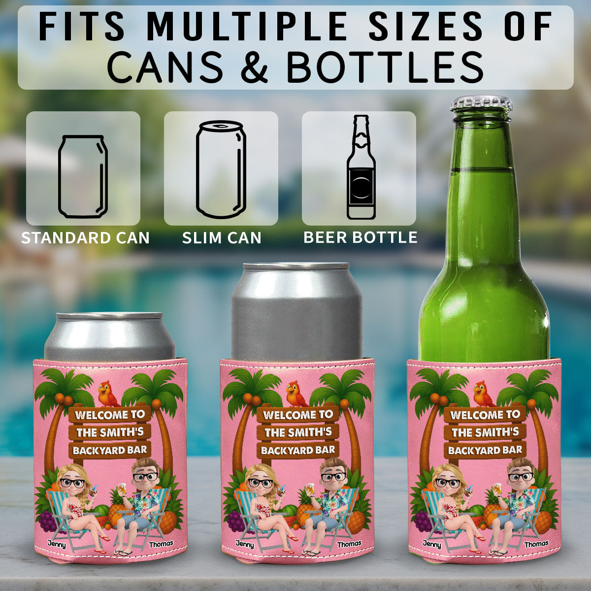Welcome To Our Tiki Bar - Personalized Custom Pink Leather Can Cooler Holder