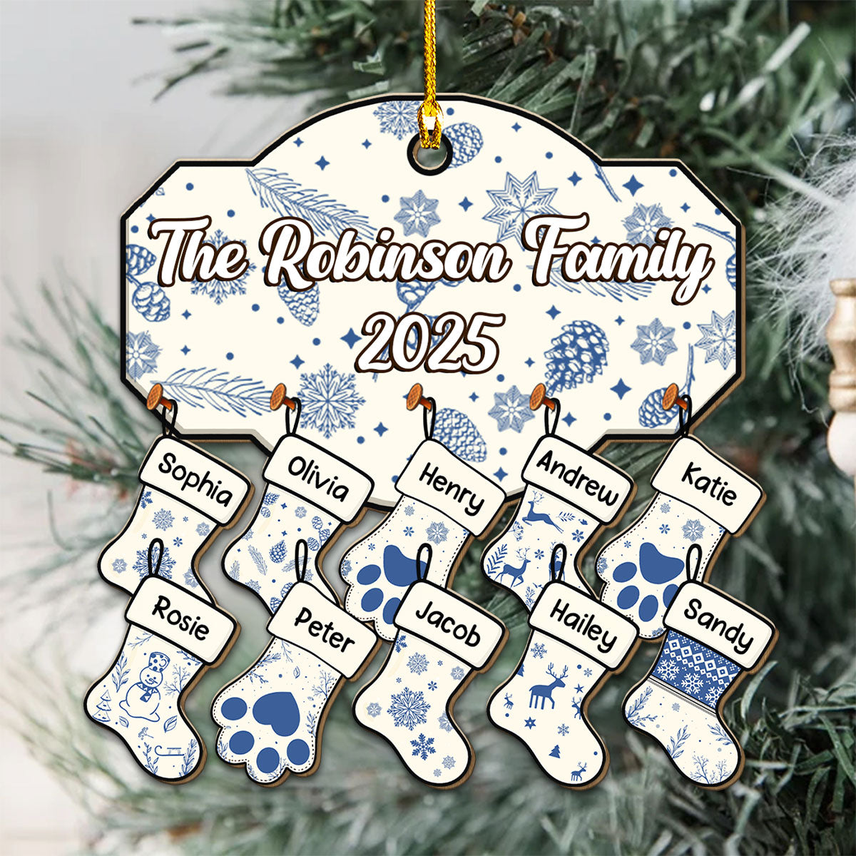 Blue Family With Pet - Personalized Custom Wood Ornament